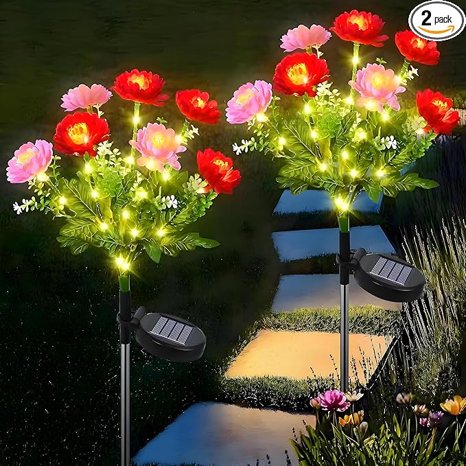 Solar Flowers Lights, 2 Pack Solar-Powered Outdoor Light with 14 Blooming Flowers, Waterproof Lights for Outside Yard, Garden, Pathway, Walkway, Patio, Lawn, Cemetery, Grave Decor