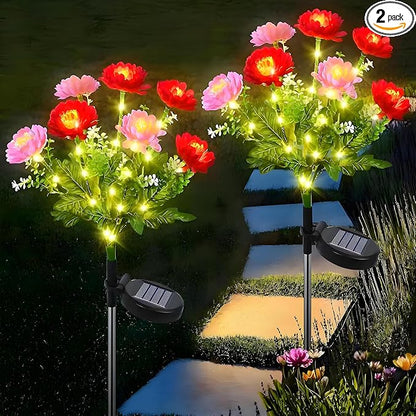Solar Flowers Lights, 2 Pack Solar-Powered Outdoor Light with 14 Blooming Flowers, Waterproof Lights for Outside Yard, Garden, Pathway, Walkway, Patio, Lawn, Cemetery, Grave Decor