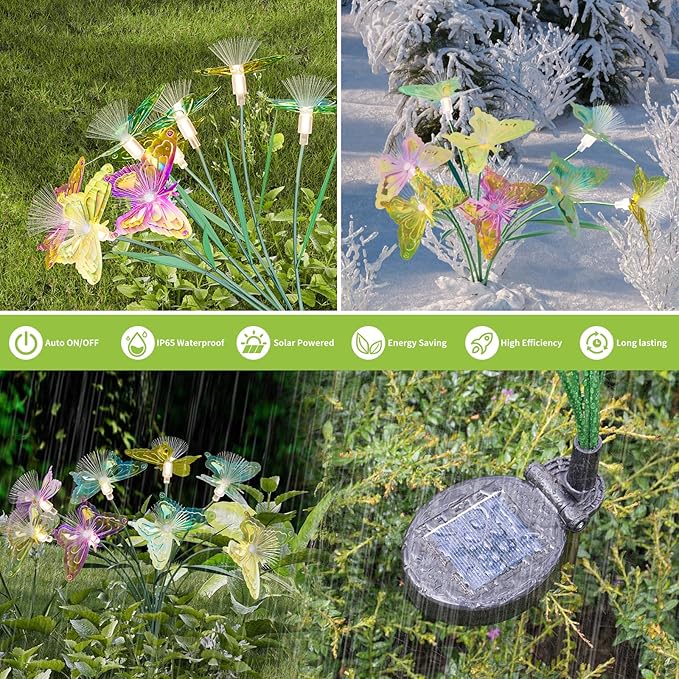 Flumy Solar Lights Outdoor Waterproof 8-Head Butterfly Decorations,Solar Garden Lights,Christmas Christmas Gift，Birthday Decorations,Butterfly Solar Lights for Garden and Yard 2Pack