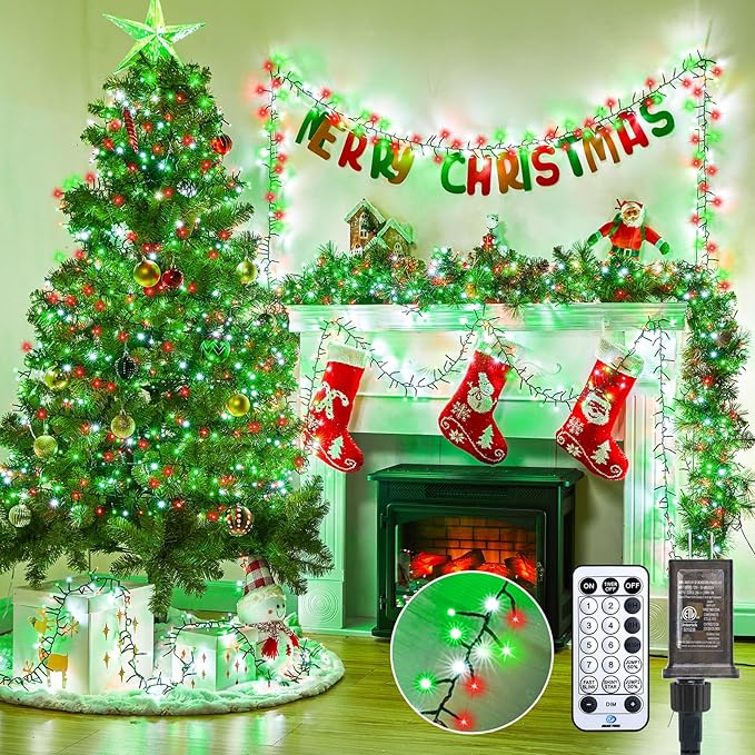 Minetom 50 Ft 1000 LED Cluster Lights Christmas Tree Lights Outdoor Christmas Firecrackers String Light, 12 Modes Timer Remote Waterproof Plug in Twinkle Light for Xmas Tree Party, Red Green ＆ White