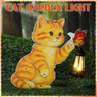 WILLBOND Cat Garden Decor Christmas Outdoor Solar Lights Decor, Metal Orange Cat Garden Stake with Butterfly, Outside Stake Signs for Yard Lawn Patio Unique Gift Ideas