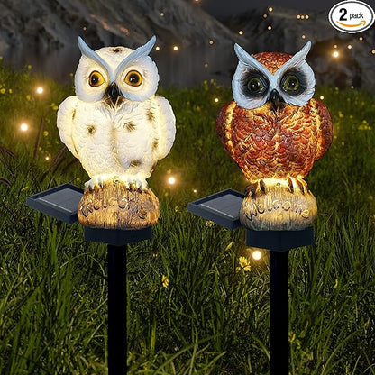 2 Pack Garden Solar Light Outdoor Decor, Resin Owl Solar LED Light with Stake, Animal Waterproof Light for Flower Fence Lawn Passage Walkway Courtyard Party Decoration, Owl (White+Brown)