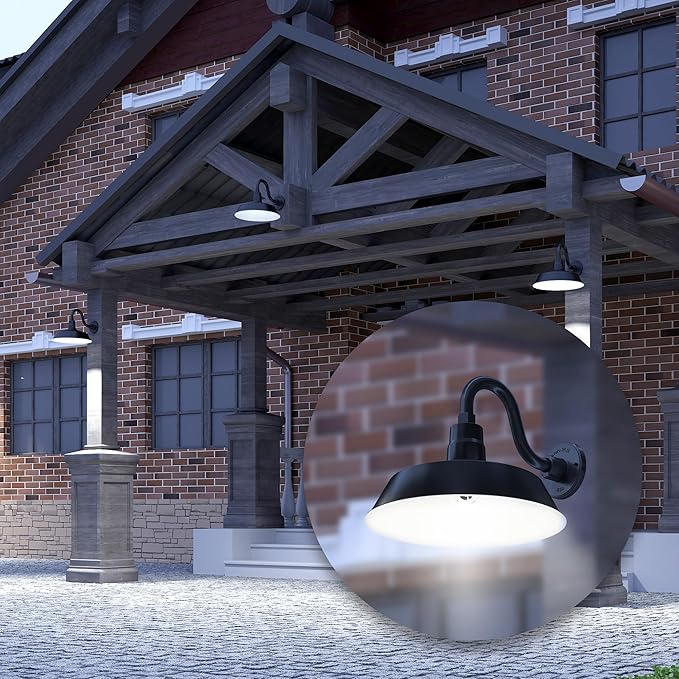 14in. Satin Black Outdoor Gooseneck Barn Light Fixture with 10in. Long Extension Arm - Wall Sconce Farmhouse | Lumora