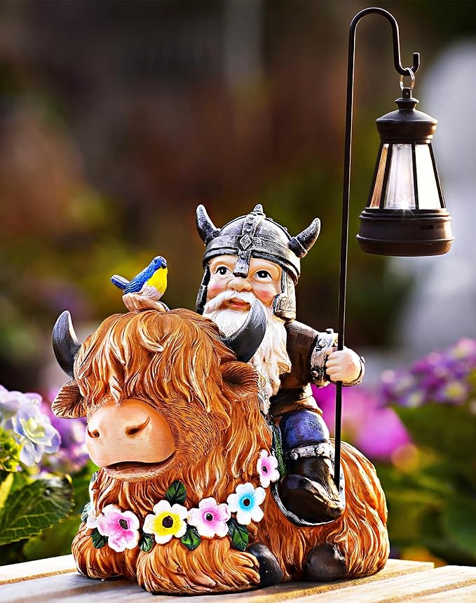 Garden Gnome Outdoor Statue Highland Cow Decor for Yard Patio Lawn Porch Birthday Gifts for Women Men, Mother’s Day, Housewarming with Solar Light Gnome Decor for Outside