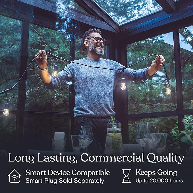 Brightech Bundle: Waterproof LED Outdoor String Lights Hanging, Dimmable 2W Vintage Edison Bulbs - 48 Ft + String | Lumora