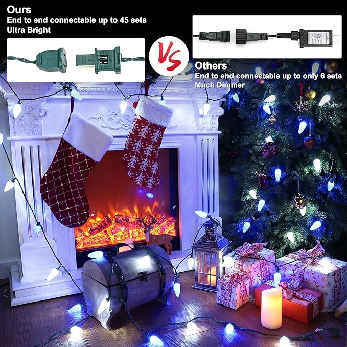 Brizled Blue & White 33ft 50 LED Faceted Outdoor Xmas Lights, Connectable, UL Certified Waterproof for Christmas Tree House Roof Party Decor