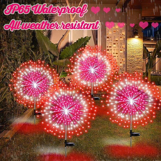 4 Pack Valentines Day Solar Firework Lights 180 LED 8 Lighting Modes Waterproof Solar Lamps Decorative Garden Stake Lights for Valentines Wedding Party Pathway Patio Decor