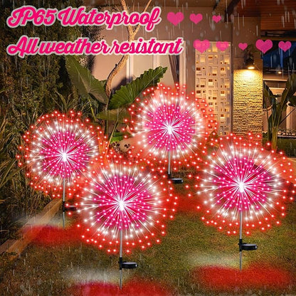 4 Pack Valentines Day Solar Firework Lights 180 LED 8 Lighting Modes Waterproof Solar Lamps Decorative Garden Stake Lights for Valentines Wedding Party Pathway Patio Decor