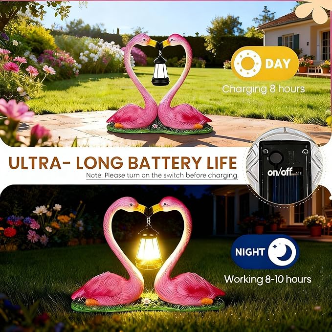Outdoor Solar Lights Waterproof Garden Kissing Flamingo Heart Decoration with LED Decoration for Flamingo Themed Party Favors Lover Gifts Yard Patio Pathway Lawn Courtyard Centerpiece Decor