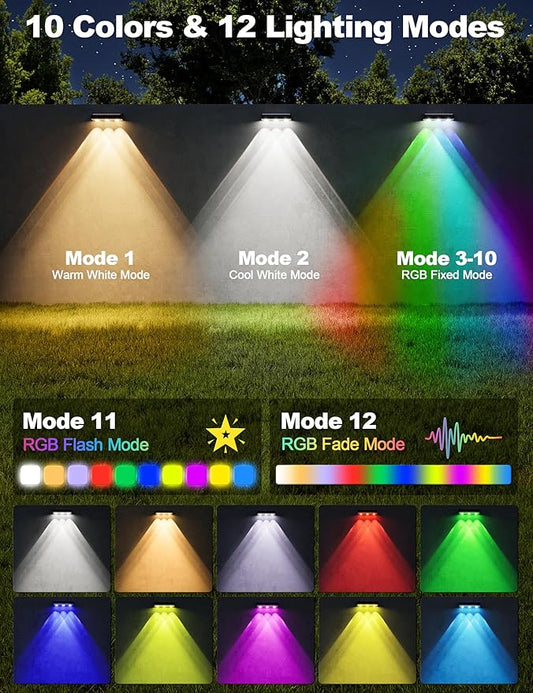 APONUO Solar Fence Lights Outdoor Waterproof, Fence Lights Solar Powered, 12 RGB Color Modes & Warm White & Cool White, Fence Solar Light Outdoor for Backyard, Patio, Wall, Deck, Yard（8 Pack, Black）