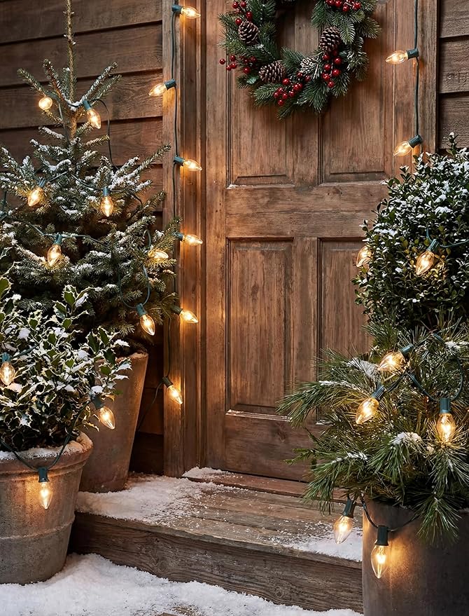 C7 Christmas Lights Outdoor, 25Ft Outdoor Christmas String Lights with 25 Warm White Incandescent Bulbs, Hanging Vintage Christmas Decorations Light for Roofline House Garden Patio Backyard