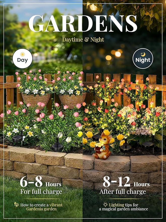 GIGALUMI Solar Garden Lights with Gardenias, LED Garden Decor Carefree Solar Flowers Outdoor Waterproof, Yard Decorations Outdoor, Allergy-Free, Everlasting Light up Flowers for Yard Patio (Set of 2)