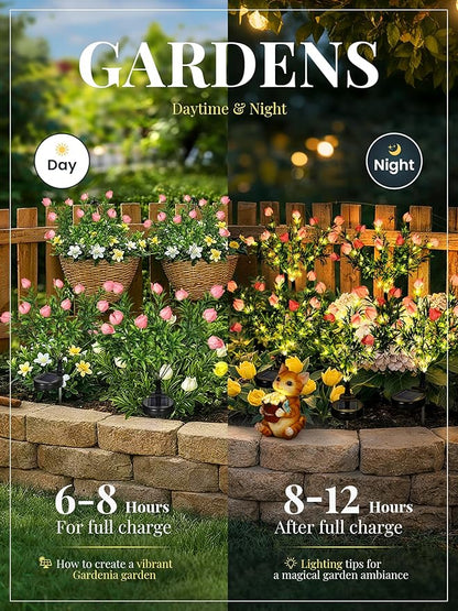 GIGALUMI Solar Garden Lights with Gardenias, LED Garden Decor Carefree Solar Flowers Outdoor Waterproof, Yard Decorations Outdoor, Allergy-Free, Everlasting Light up Flowers for Yard Patio (Set of 2)