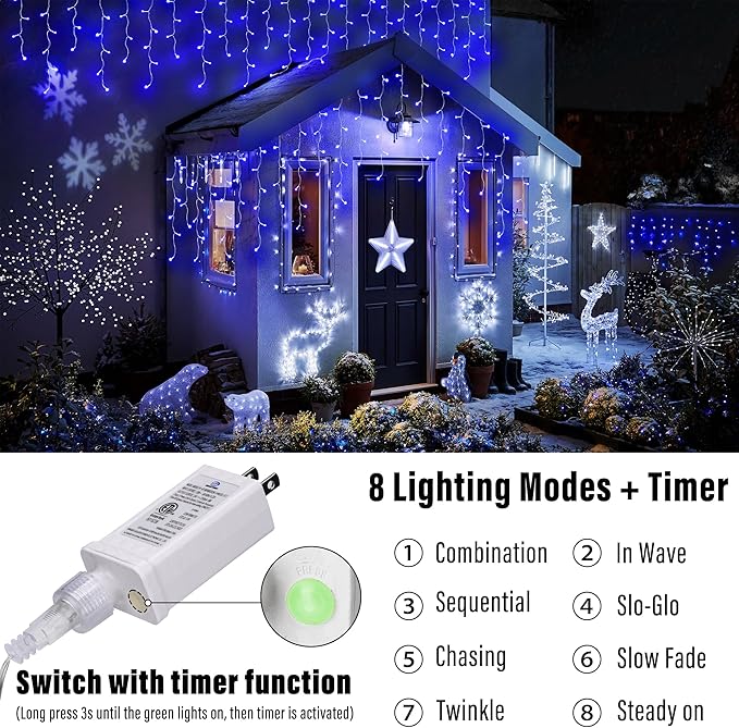 Joomer Christmas Icicle Lights - 19FT Outdoor String Lights Waterproof, 8 Modes Timer Connectable Plug-in String Light for Christmas Party, Eaves, Roofs, Xmas Decorations (Blue)
