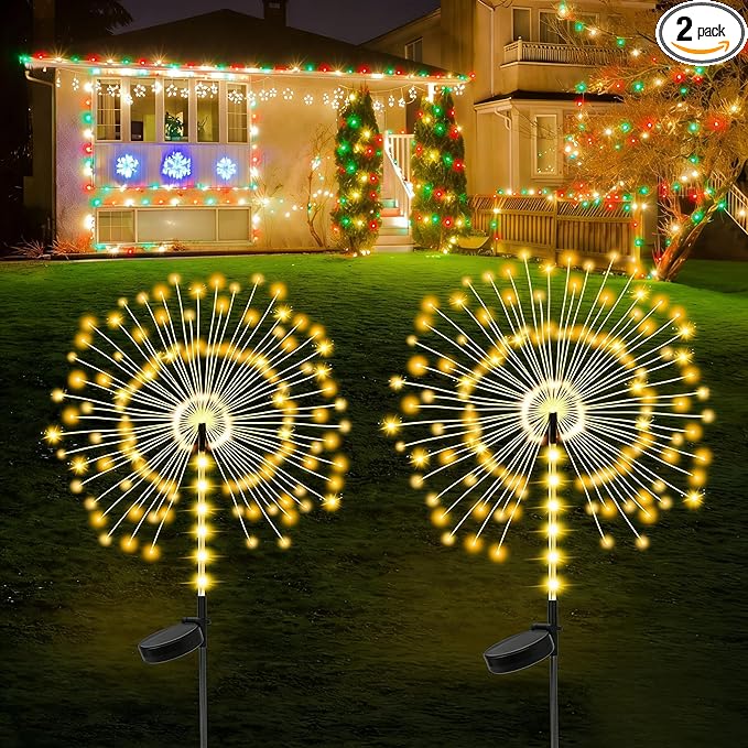 2 Pack 250LED Solar Garden Lights Outdoor, Dual Lighting Modes Firework Lights Solar Powered, Waterproof Twinkle Fairy Light Outside for Yard Patio Pathway Christmas Party Decorative（Warm White）