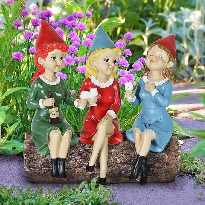 Exhart Garden Gnomes, Girl's Night Wine Drinking Solar Garden Gnome Statue, LED Hats, Outdoor Lawn and Yard Decoration, 5.5 x 10.5 x 9.5 Inch, Multicolor, Resin
