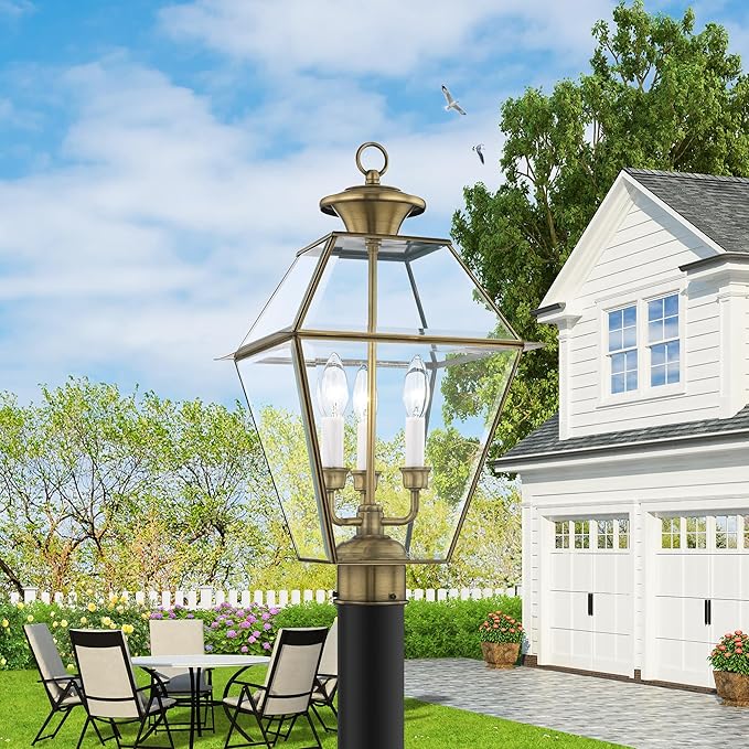 Livex Lighting Lantern 2384-01 Westover 3-Light Outdoor Post Head, Antique Brass | Lumora