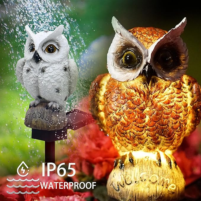 2 Pack Garden Solar Light Outdoor Decor, Resin Owl Solar LED Light with Stake, Animal Waterproof Light for Flower Fence Lawn Passage Walkway Courtyard Party Decoration, Owl (White+Brown)