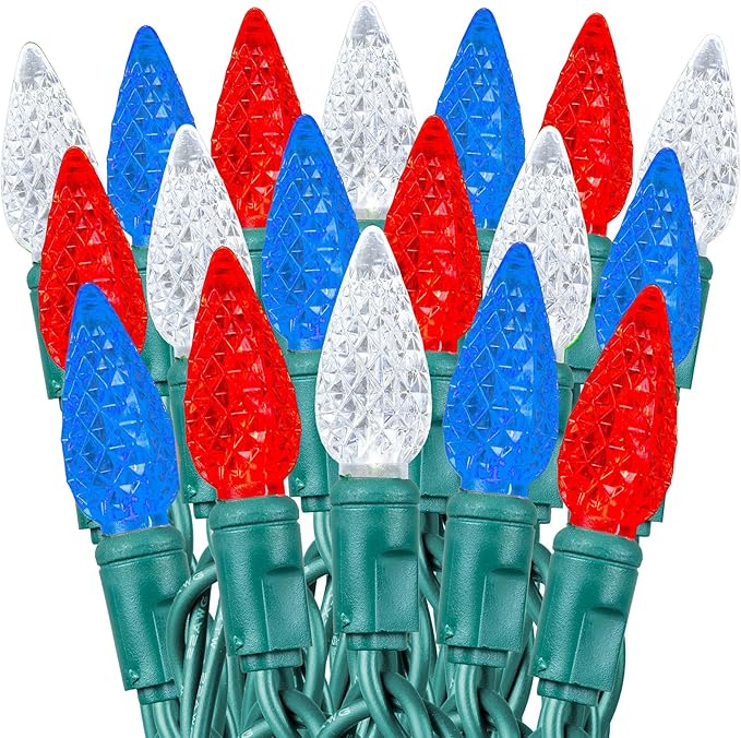 70 Light 24Ft July 4th USA Lights Commercial String Lights C6 LED Strawberry Faceted Bulb – Red/White/Blue, Green | Lumora