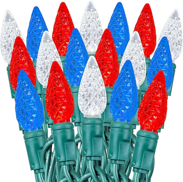 70 Light 24Ft July 4th USA Lights Commercial String Lights C6 LED Strawberry Faceted Bulb – Red/White/Blue, Green | Lumora