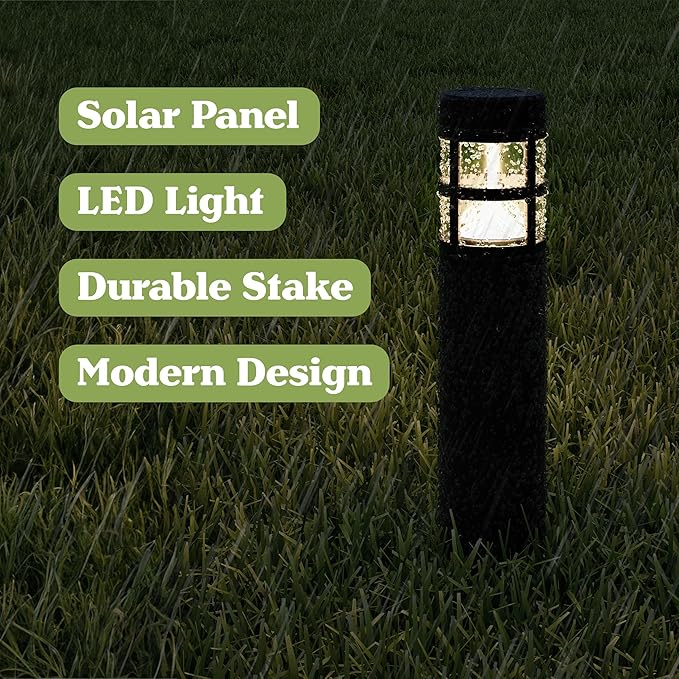 Solar Path Bollard Lights, Set of 8-15.4” Outdoor Stake Lighting for Garden, Landscape, Yard, Patio, Deck, Driveway, Walkway by Pure Garden (Black)