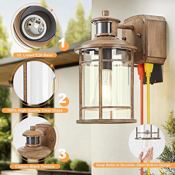 OKELI Upgraded Porch Lights with GFCI Outlet-Motion Sensor & Dusk to Dawn Outdoor Light Fixture,3 Lighting Modes Waterproof Anti-Rust Faux Wood Grain Outdoor Lights for House Porch Garage (2 Pack