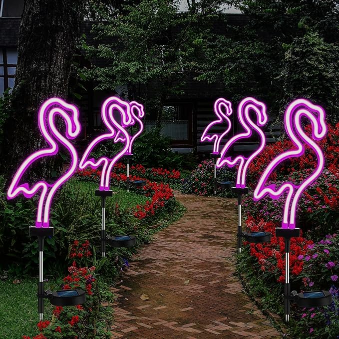 Retisee 6 Pcs Flamingo Solar Stake Lights Pink Flamingo Outdoor Lights Bulk Neon Lights Decoration LED Solar Powered Lighting for Lawn, Garden, Flower Bed, Yard, Pathway