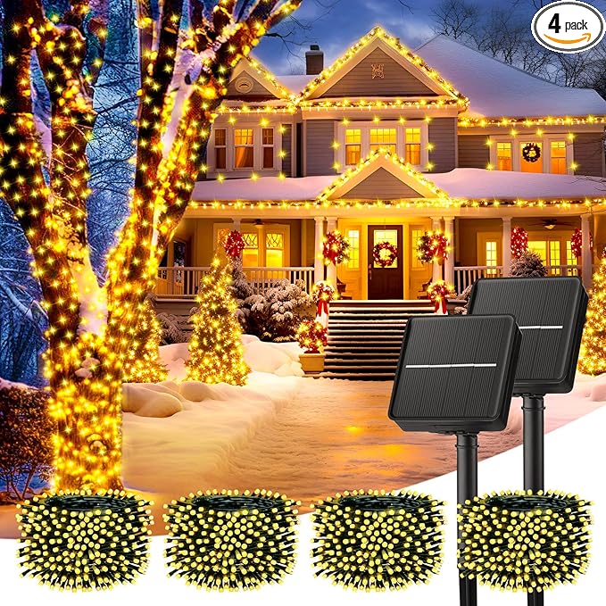 Minetom Solar String Lights for Outside, 4 Pack Total 160FT 400 LED Solar Christmas Lights Outdoor with 8 Modes, Solar Lights Outdoor Waterproof, Christmas String Light for Tree House, Warm White
