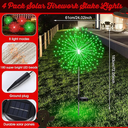 4th of July Decorations Outdoor 4 Pack Colored Solar Firework Lights with 180 LED Patriotic Solar Lights 8 Lighting Modes for Yard Pathway Garden Patio Party Decorations(Red Green)