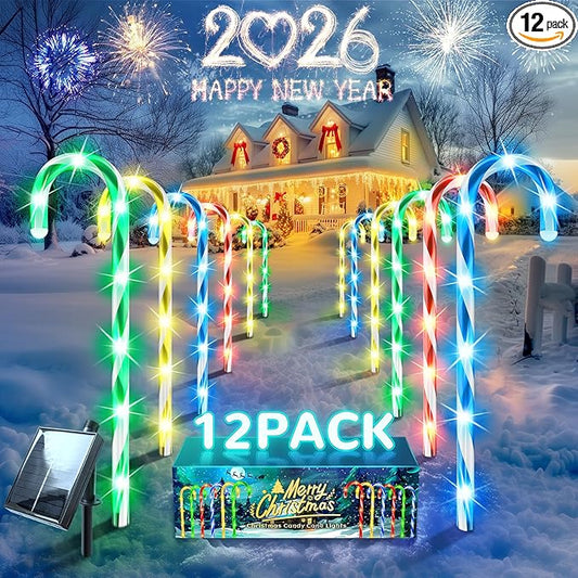 Anordsem Solar Christmas Decorations Outdoor: 12 Pack Candy Cane Stake Lights - 21" Waterproof LED 8 Colorful Lighting Models for Pathway Yard Patio Xmas Decor - 2026 New Year Gifts for Homeowners