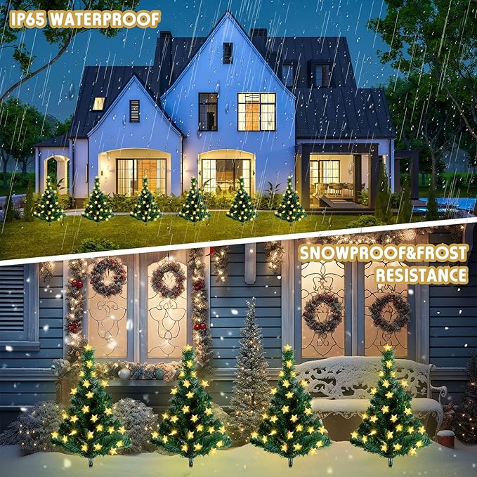 Retisee 6 Pack Solar Christmas Tree Pathway Lights Decorations Outdoor LED Star 8 Modes Prelit Small Christmas Tree Waterproof Solar Stake Lights for Garden, Yard, Lawn, Cemetery