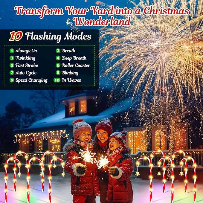 E-Kong 24 Pack Solar Candy Cane Lights Outdoor Christmas Decorations, 10 Modes, 12 Hours Bright Lighting Christmas Decorations Outdoor, Solar Pathway Lights Waterproof for Yard Patio Garden