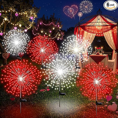 6 Pcs Valentine's Day Solar Firework Stake Lights 180 LED 8 Modes Solar Waterproof LED Sparkler Lights Outdoor Decoration for Garden Patio Yard Pathway Walkway Lawn (Red, White)