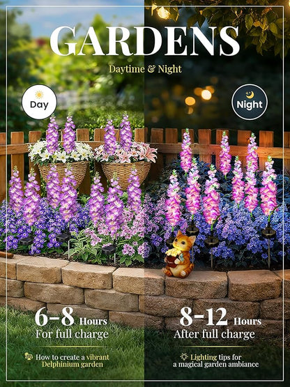 GIGALUMI Solar Lights Outdoor for Garden Decor, 3 Pack Solar Flower Lights Waterproof, 2 Lighting Modes Delphinium for Pathway,Yard, Patio Decoration, Gardening Gifts for Women (Purple)