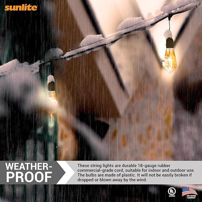 Sunlite 48ft Outdoor String Lights, 1.5W Commercial Grade, Waterproof, Linkable Strands, UL Listed, 15 Hanging Sockets, Shatterproof LED Edison Bulbs Included, 2700K Soft White