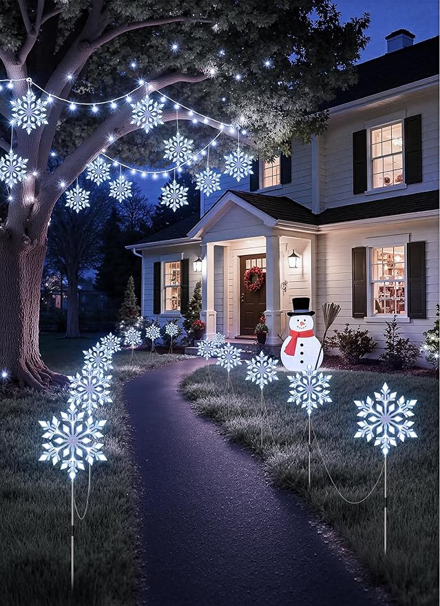 Brightown Snowflake Lights Outdoor, 2 Sets Total 20 Large Snowflake Christmas Pathway Lights, Christmas Decorations Outside Yard Sidewalk Walkway Driveway Marker Stake, White