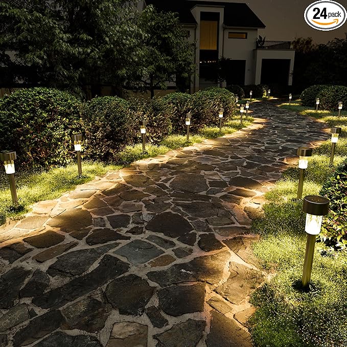 SOLPEX 24 Pack Solar Outdoor Lights Pathway, Stainless Steel Solar Lights Outdoor Waterproof,LED Landscape Lighting Solar Walkway Lights for Landscape/Patio/Lawn/Yard/Driveway-Warm White