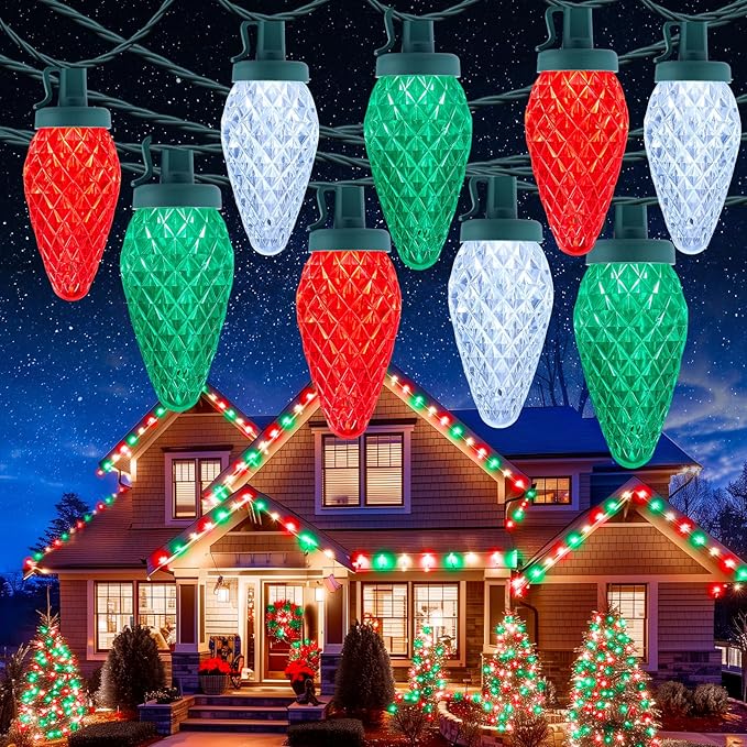 C9 Christmas Lights Outdoor Waterproof, 114 Feet 150 LED C9 String Lights with Timer & 8 Light Mode, Connectable Christmas Tree Lights for Indoor Outside Roofline Patio Decor, Red, Green & Pure White