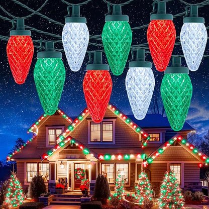 C9 Christmas Lights Outdoor Waterproof, 114 Feet 150 LED C9 String Lights with Timer & 8 Light Mode, Connectable Christmas Tree Lights for Indoor Outside Roofline Patio Decor, Red, Green & Pure White