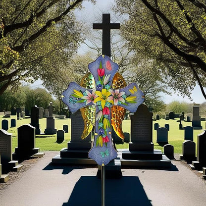 WAIU Solar Cross Garden Stake Lights,Metal Angel Wing & Acrylic Flowers Cross Solar Christmas Lights Outdoor,Waterproof Memorial Garden Decor for Cemetery,Grave,and Remembrance Gifts