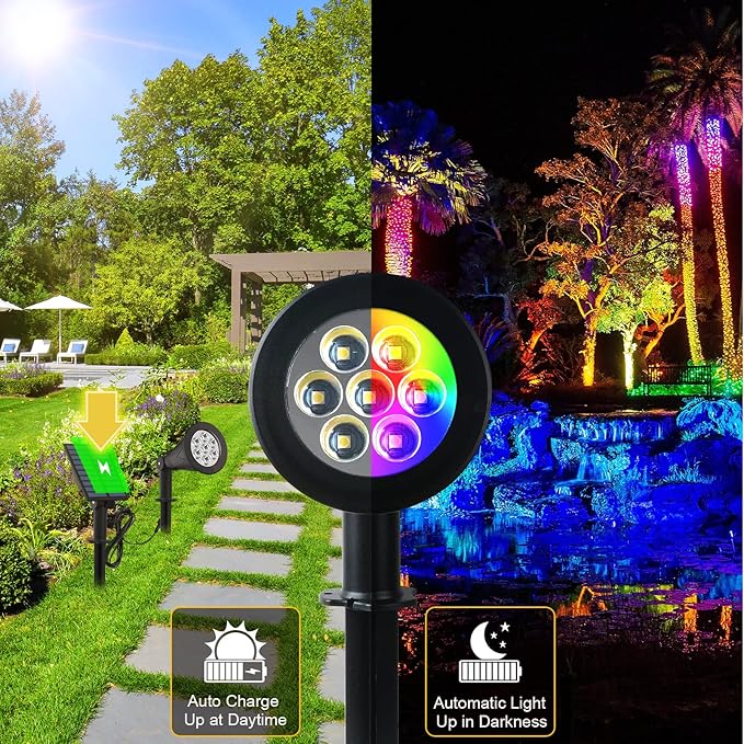 T-SUNUS RGB Solar Landscape Spotlights Christmas, Color Changing Spot Lights Waterproof IP65 Garden Pond, 180° | Lumora