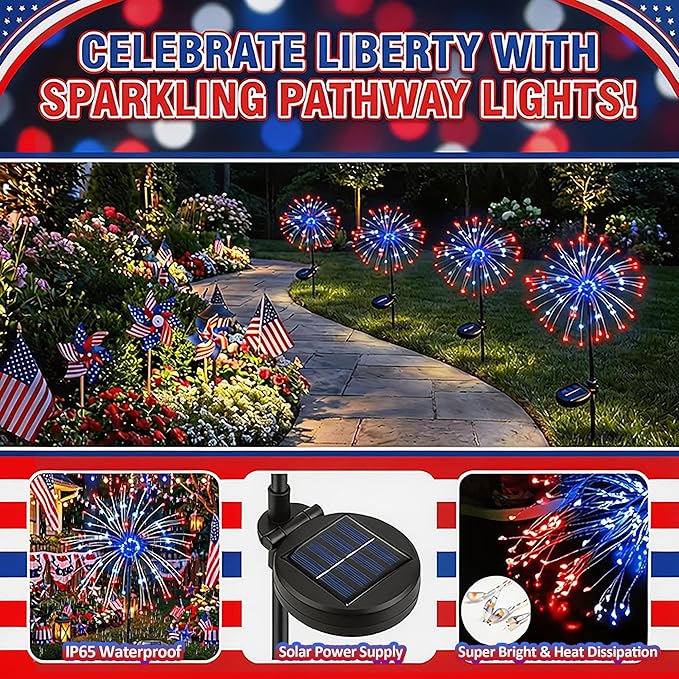 ITICdecor Solar Garden Lights Firework Lights 2 Pack 120 LED Red White Blue Solar Fairy Light Outdoor Waterproof for Independence Day President Memorial Day Christmas Party Patriotic Decorations