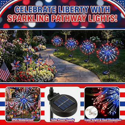 ITICdecor Solar Garden Lights Firework Lights 2 Pack 120 LED Red White Blue Solar Fairy Light Outdoor Waterproof for Independence Day President Memorial Day Christmas Party Patriotic Decorations