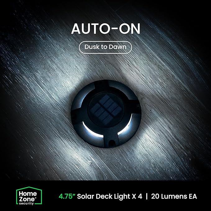 Home Zone Security 4 Packs Solar Deck Light Outdoor 40 Lumens Total Waterproof Weather Resistant, Auto On Sensor | Lumora