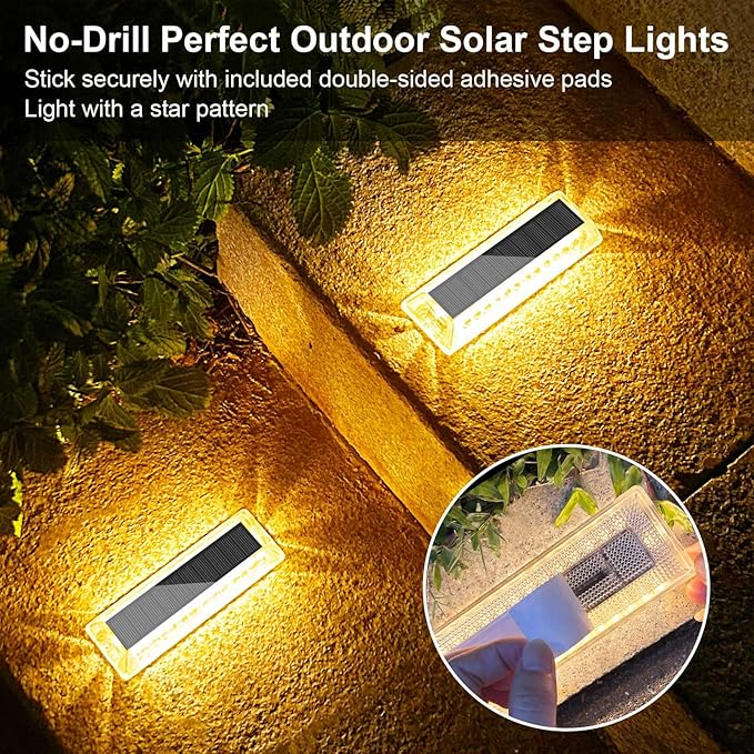 Lacasa Solar Deck Lights, Solar Lights Outdoor Waterproof IP68, 4 Pack Solar Powered Pathway Yard Driveway Step Landscape Light, LED Lighting 50LM for Garden Path Walkway Stair Patio, Warm White 2700K