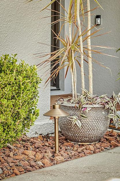 VOLT Flat Hat 12V Brass Mini Path Light (7" Shade, 15" Tall) for Low Voltage Landscape Lighting on Outdoor Pathway, Walkway, Garden, Driveway or Patio