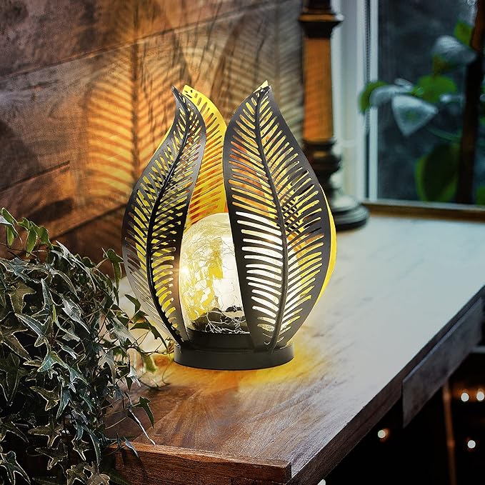 Solar Garden Lights Waterproof Decorations,Crackle Globe Glass,Metal Palm Leaf Solar Lights for Outdoor Decor On | Lumora