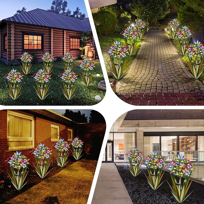 Solar Metal Agave Butterfly Flower Stick Garden Sculpture - Outdoor Christmas Lights With Swaying Butterfly - Solar Powered Gift (2 PCS Light Green)
