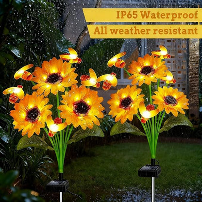 Hortsun 2 Pack Sunflower Bee Solar Lights Outdoor Decor Waterproof Solar Lights with 6 Sunflower and 8 Bee for Yard Front Yard Garden Lawn Patio Outside Decor