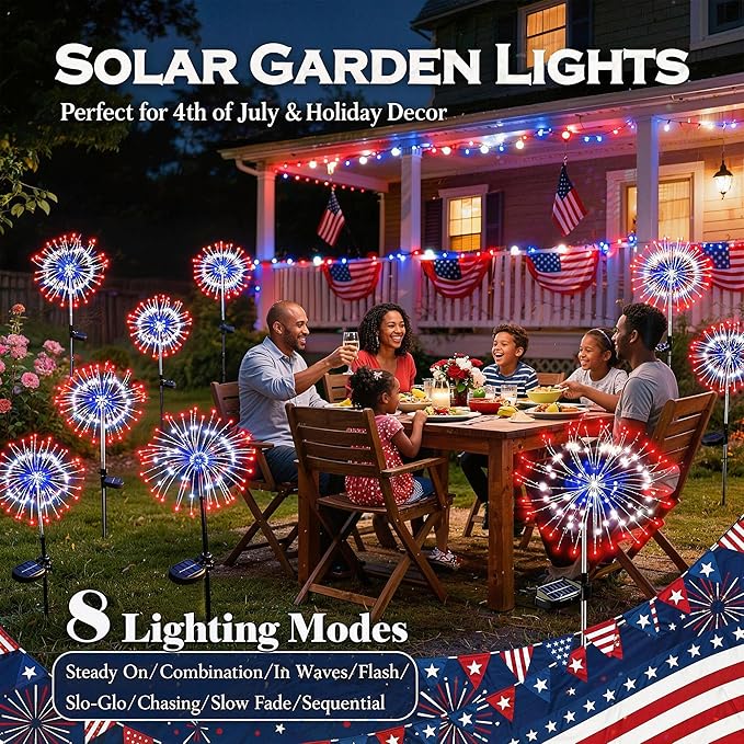 ITICdecor Solar Garden Lights Firework Lights 2 Pack 120 LED Red White Blue Solar Fairy Light Outdoor Waterproof for Independence Day President Memorial Day Christmas Party Patriotic Decorations